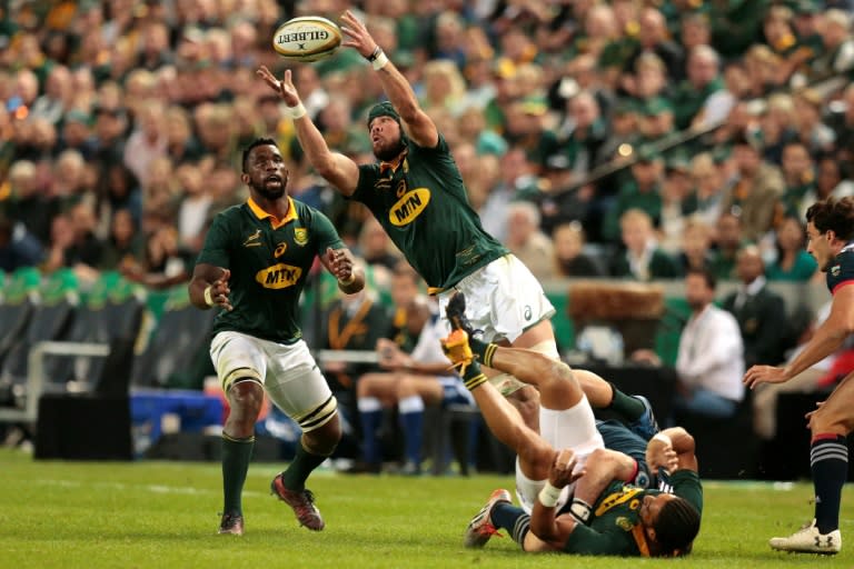 South Africa's captain Warren Whiteley intercepts a pass during their Test match against France, at the Kingspark rugby stadium in Durban, on June 17, 2017
