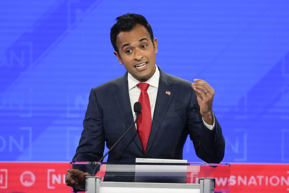 Republican presidential candidate businessman Vivek Ramaswamy gestures during a Republican presidential primary debate hosted by NewsNation on Wednesday, Dec. 6, 2023, at the Moody Music Hall at the University of Alabama in Tuscaloosa, Ala. (AP Photo/Gerald Herbert)