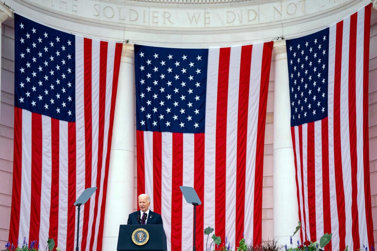 <span>President Joe Biden speaks during the 156th National Memorial Day observance ceremony at Arlington National Cemetery in Arlington, Virginia, on Monday.</span><span>Photograph: Bonnie Cash/EPA</span>