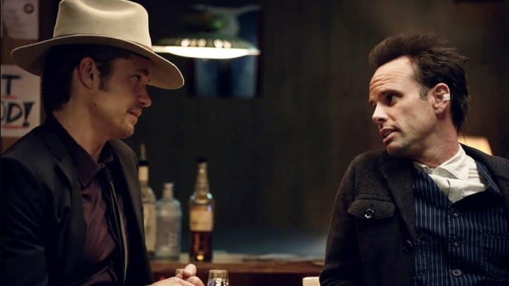 Timothy Olyphant as Raylan Givens and Walton Goggins as Boyd Crowder in FX's Justified.