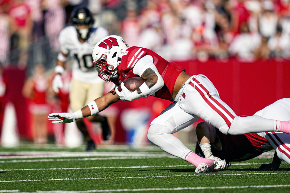 Wisconsin running back Braelon Allen runs against Purdue during the first half of an NCAA college football game Saturday, Oct. 22, 2022, in Madison, Wis. (AP Photo/Andy Manis)