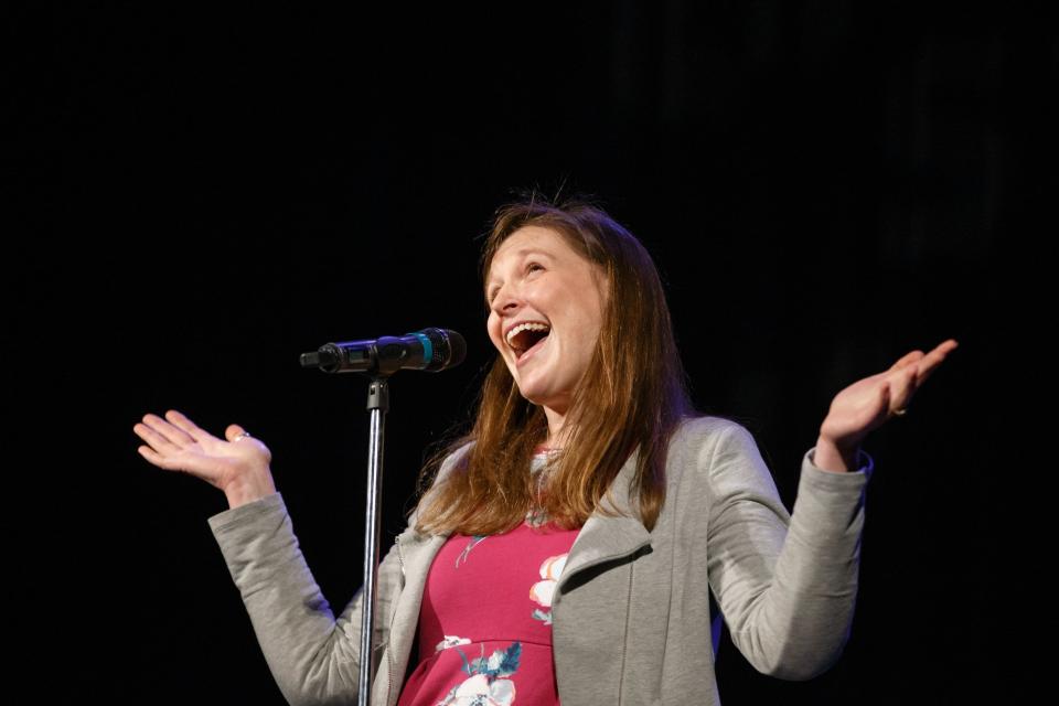 Lindsey Braun tells her story during the Des Moines Register Storytellers Project at Hoyt Sherman Place on Tuesday, Feb. 12, 2019, in Des Moines. 