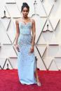 <p>Laura Harrier brought the capital F fashion to the red carpet in an ethical and eco-responsible Louis Vuitton creation. The gown was custom made in silk, embroidered with glass beads, Swarovski crystal shards, and sequins.</p>