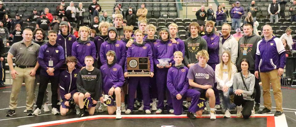 Watertown High School's wrestling team is pictured with the runner-up trophy in the South Dakota State Dual Team Wrestling Chamionships on Saturday, Feb. 10, 2024 at Brookings.