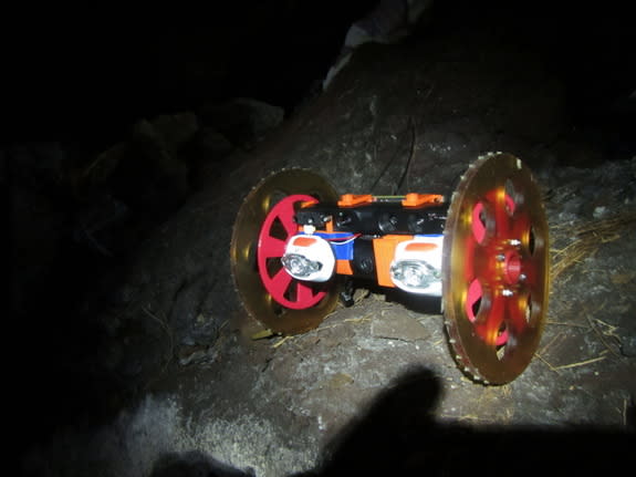 The intrepid VolcanoBot 1 explores a lava tube inside Hawaii's Kilauea volcano in May 2014. NASA will test the new VolcanoBot 2 in Kilauea in March 2015.