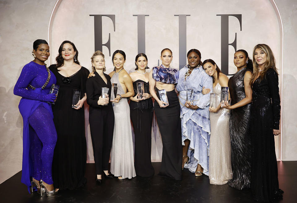 Fantasia Barrino, Lily Gladstone, Jodie Foster, Greta Lee, America Ferrera, Jennifer Lopez, Danielle Brooks, Eva Longoria, Taraji P. Henson and Elle Editor-in-Chief Nina García attend ELLE's 2023 Women in Hollywood Celebration Presented by Ralph Lauren, Harry Winston and Viarae at Nya Studios on December 05, 2023 in Los Angeles, California.