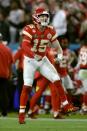 Kansas City Chiefs' quarterback Patrick Mahomes celebrates his touchdown pass to Damien Williams in the the second half of the NFL Super Bowl 54 football game Sunday, Feb. 2, 2020, in Miami Gardens, Fla. (AP Photo/John Bazemore)