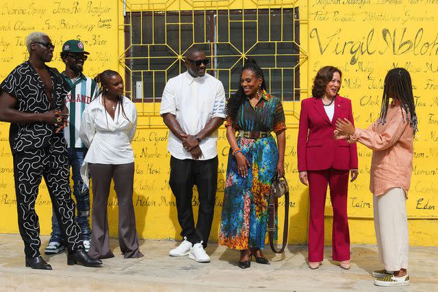 <p>NIPAH DENNIS/AFP via Getty </p> Idris Elba and Sheryl Lee Ralph join Vice President Kamala Harris at a community recording studio in Ghana on March 27, 2023