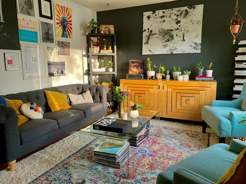 a living room with a couch and a coffee table