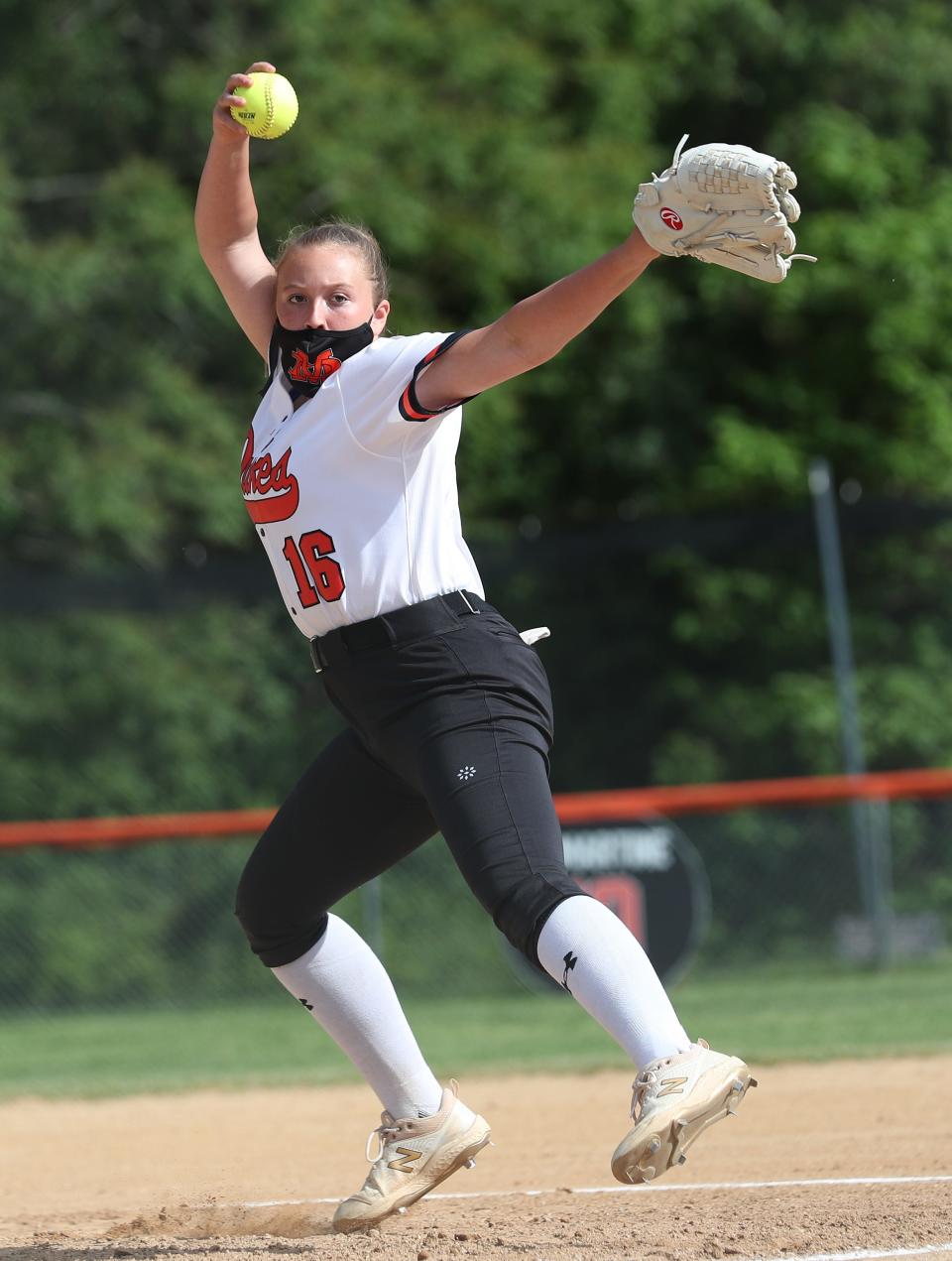 Marlboro freshman Leah Gunsett (16) on her way to pitching a shutout against Pine Plains during softball action at Marlboro High School May 25, 2021. 