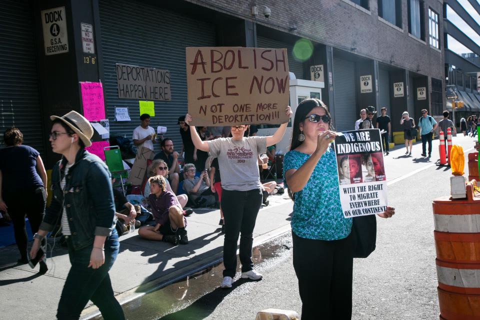 Occupy ICE NYC protestors stand outside ICE offices at 201 Varick Street in New York City. (Photo: Karla Ann Cote/NurPhoto via Getty Images)