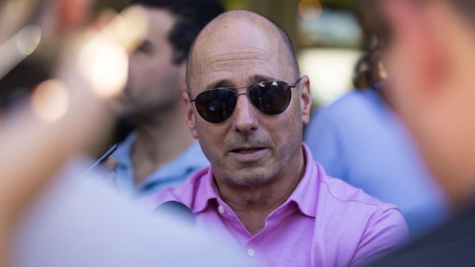 Nov 7, 2023; Scottsdale, AZ, USA; New York Yankees general manager Brian Cashman speaks to the media during the MLB General Manager's Meetings at Omni Scottsdale Resort & Spa