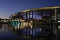 SoFi Stadium stands Friday, Feb. 4, 2022, in Inglewood, Calif. The stadium is the site of NFL football's Super Bowl 56, scheduled to be played Feb. 13. (AP Photo/Morry Gash)