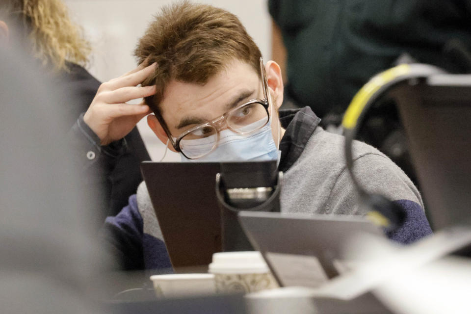 Nikolas Cruz is being tried in the penalty phase of his trial at the Broward County Courthouse in Fort Lauderdale on Wednesday, July 27, 2022. Cruz previously plead guilty to all 17 counts of premeditated murder and 17 counts of attempted murder in the 2018 shootings. (Mike Stocker/South Florida Sun Sentinel via AP, Pool)