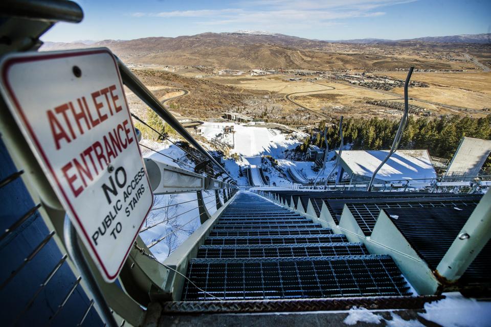 The stairs leading to the takeoff spots on the ski jump at the Utah Olympic Park near Park City are pictured on Nov. 30, 2020. | Scott G Winterton, Deseret News