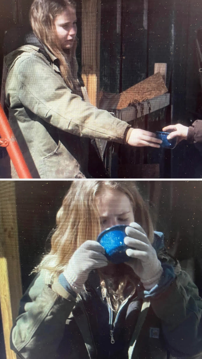 Jennifer Lawrence taking a mug without gloves vs. drinking from it with gloves