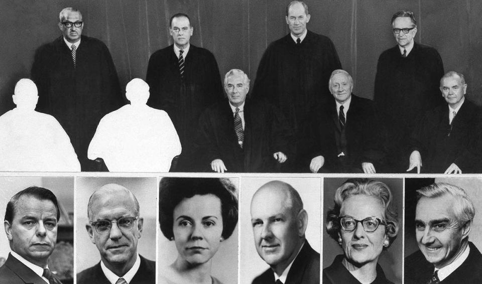 Top: The all-male U.S. Supreme Court had two vacancies after the resignations of Hugo L. Black and John M. Harlan on Oct. 16, 1971. Below were six rumored potential candidates that could have filled the open seats, including three women, but Nixon instead nominated two other men: William Rehnquist and Lewis Powell. 