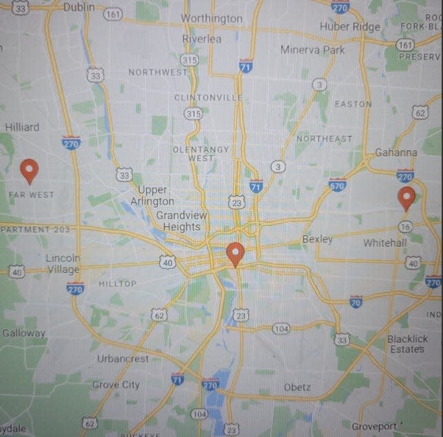 A map of the Columbus area is marked with the locations of key incidents in the armed robbery spree by three suspects Thursday that led to a deadly shootout. At right is the marker showing Byers Imports' Porsche dealership at 410 N. Hamilton Road in Whitehall, where police there say a suspect held up an employee at gunpoint about 2:15 p.m. for the keys to a black Porsche SUV. When the suspects drove off, the dealership turned on the anti-theft GPS device on the vehicle, allowing them to track the SUV and alert police.  After leaving the dealership, the suspects robbed the Fifth Third Bank branch at 2455 Hilliard Rome Road, shown by the marker on Columbus' Far West Side.  As police arrived to confront them, the suspects sped off south on Hilliard Rome Road and onto I-70 east.  At about 4 p.m., near West Mound Street on the interstate, shown by the center marker, there was a shootout on the highway where a Columbus police officer was critically wounded and one of the suspects was killed. The other two suspects fled on foot south down a hillside from the interstate into the South Franklinton neighborhood and remain at-large. The wounded officer was rushed by his partner to OhioHealth Grant Medical Center, Downtown, where he underwent emergency surgery and was later upgraded to stable condition.