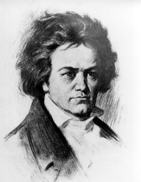 This undated sketch shows German composer Ludwig van Beethoven, whose Symphony No. 9 concludes the South Bend Symphony Orchestra's April 2, 2023, concert. AP File Sketch