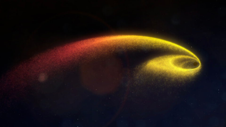 illustration of a yellow-orange spiral in the darkness of space