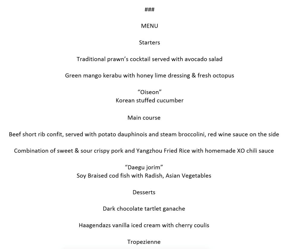 The menu for a working lunch served to U.S. President Donald Trump and North Korea's leader Kim Jong Un and their delegations during their summit at the Capella Hotel on Sentosa island in Singapore June 12, 2018.