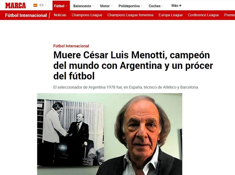 La muerte de Menotti en la home del diario Marca