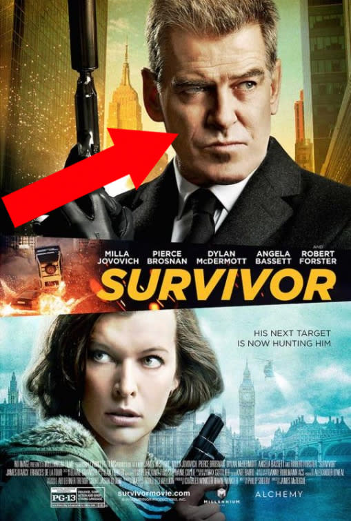 Survivor: Believe it or not, this is supposed to be former James Bond himself Pierce Brosnan. It looks more like his less handsome brother posing for a selfie. Even Milla Jovovich looks a bit baffled.