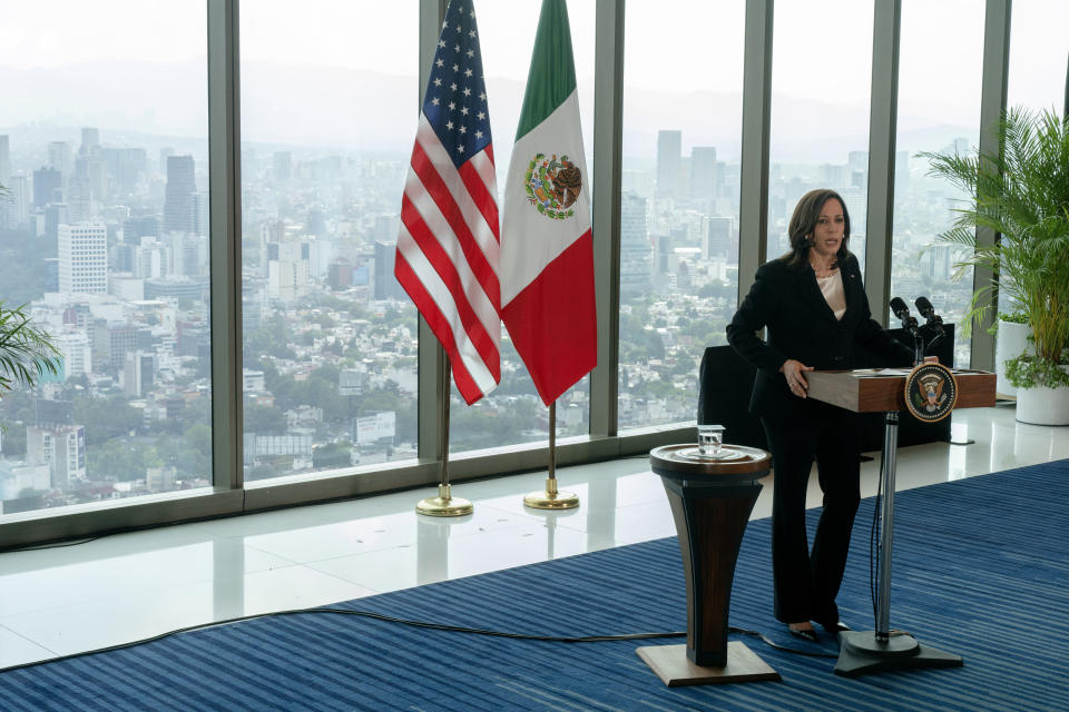 Vice President Kamala Harris speaks to the media, Tuesday, June 8, 2021, at the Sofitel Mexico City Reforma in Mexico City. (AP Photo/Jacquelyn Martin)