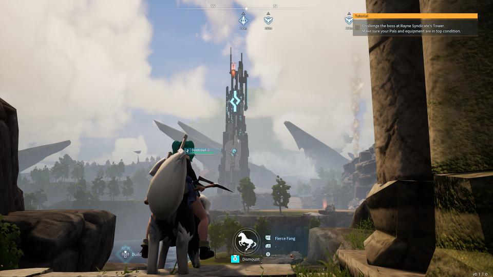 A player looks up at Rayne Syndicate Tower