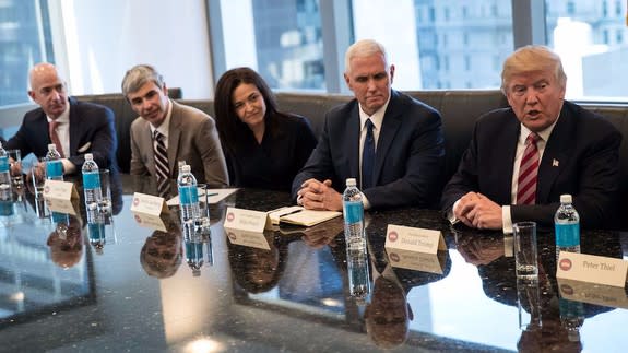 Amazon CEO Jeff Bezos, Alphabet CEO Larry Page, Facebook COO Sheryl Sandberg, Vice President-elect Mike Pence, and President-elect Donald Trump. Source: FoxNews