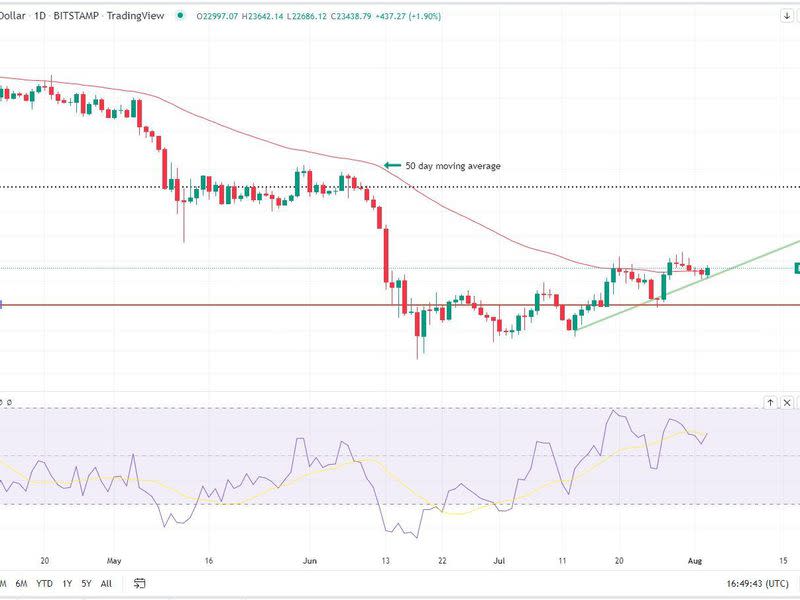 BTC's daily chart in conjunction with the RSI indicator (TradingView)