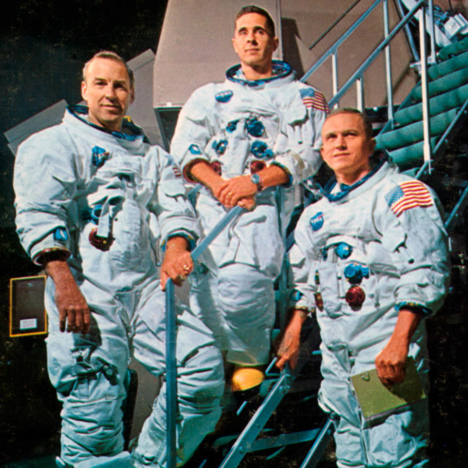 The crew of Apollo 8 in front of a simulator, 1968.Artist: NASA (Print Collector/Getty Images file)