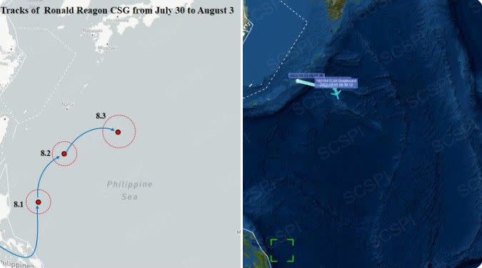 雷根號3日曾短暫向東航行，竟被共軍解讀為「遭逼退幾百公里」。   圖：翻攝南海戰略態勢感知計畫推特