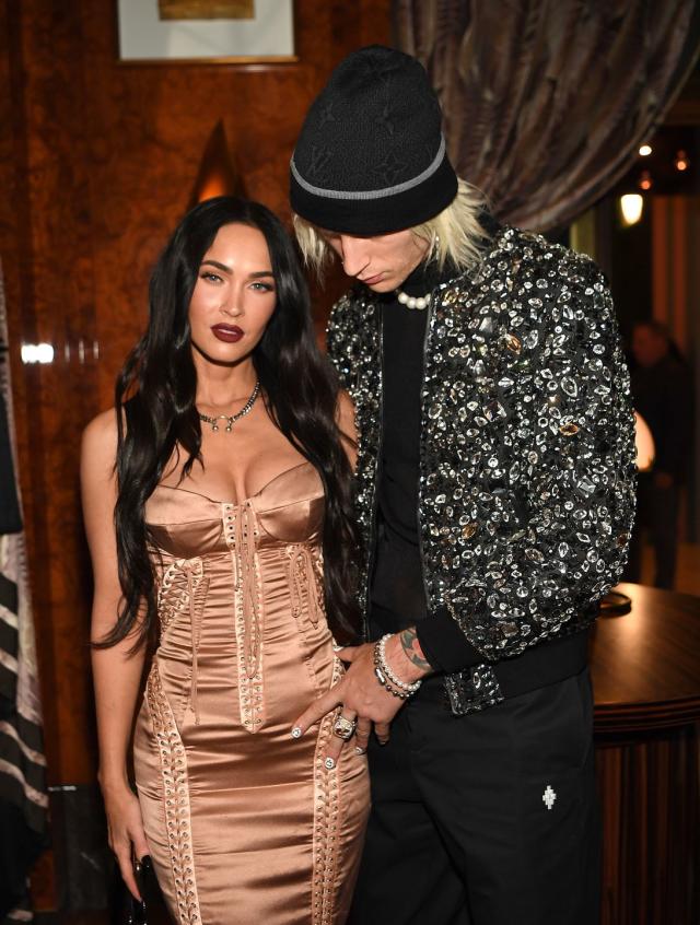 BY.DYLN Jodie Corset Top in Black ($69) and BY.DYLN Ella Pants ($109), Megan Fox Wears a Plunging Corset While MGK Paints Her Nails Blue