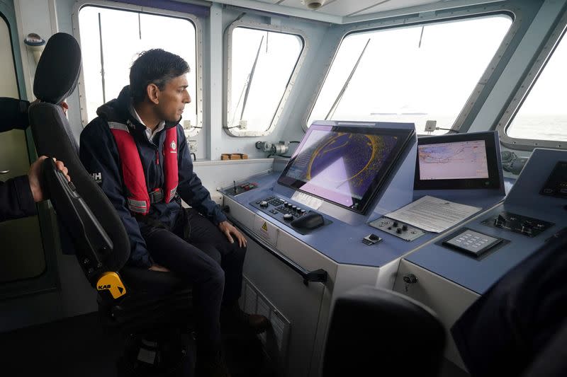 Britain's Prime Minister Rishi Sunak onboard Border Agency cutter HMC Seeker during a visit to Dover
