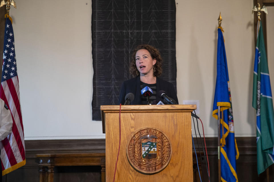 Emily Larson, the mayor of Duluth, speaks at a press conference that was called to discuss the ongoing investigation of the Ada Israel Synagogue Sunday September 15, 2019 in Duluth. The mayor offered her support to the congregation and talked about the resilience of the Duluth community. (Alex Kormann/Star Tribune via AP)