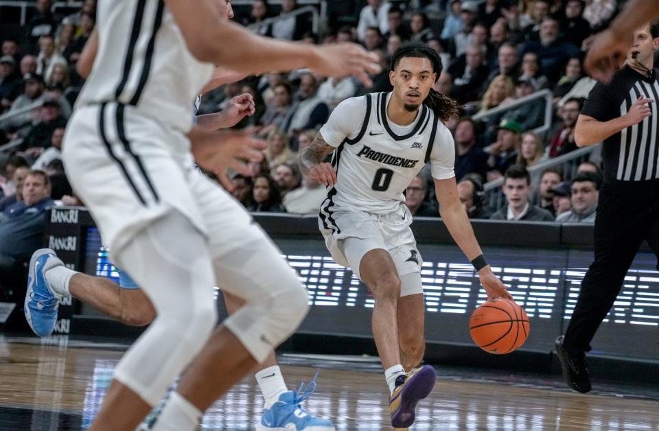 Providence's Alyn Breed leads the break during Saturday's game against Columbia at the AMP.