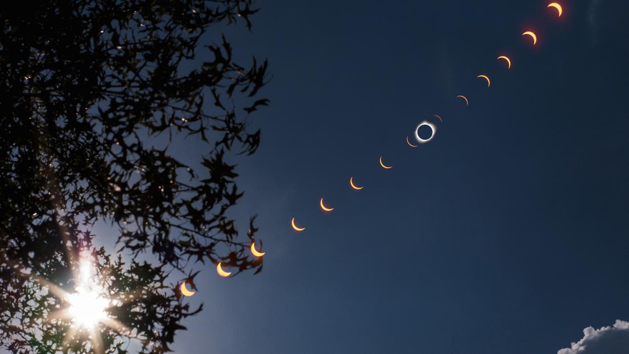  Eclipse sequence shows the stages of a total solar eclipse across a clear sky with a slight cloud in the bottom right corner and a tree to the left. . 