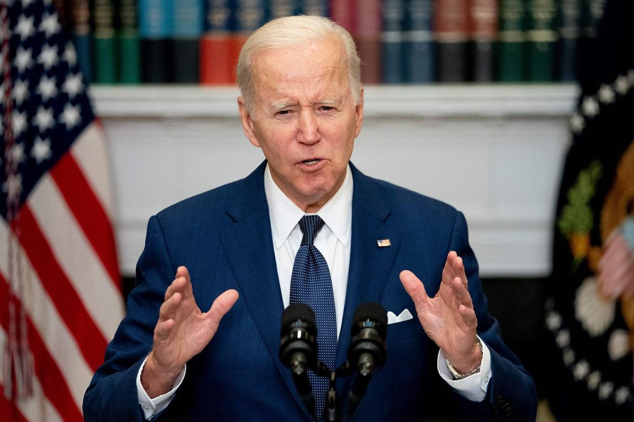 US President Joe Biden delivers remarks in the Roosevelt Room of the White House in Washington, DC, on May 24, 2022, after a gunman shot dead 18 young children at an elementary school in Texas. - US President Joe Biden on Tuesday called for Americans to stand up against the country's powerful pro-gun lobby after a gunman shot dead 18 young children at an elementary school in Texas. "When, in God's name, are we going to stand up to the gun lobby," he said in an address from the White House. "It's time to turn this pain into action for every parent, for every citizen of this country. We have to make it clear to every elected official in this country: it's time to act." (Photo by Stefani Reynolds / AFP) (Photo by STEFANI REYNOLDS/AFP via Getty Images)