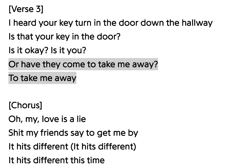 Screenshot of "Hits Different" song lyrics