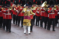 Members of the armed forces march along The Mall ahead of the State Opening of Parliament ceremony in London, Monday, Oct. 14, 2019. (AP Photo/Alberto Pezzali)