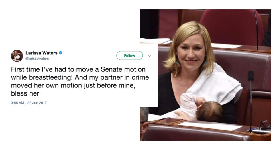 <p>Back in May little Alia Joy Waters made political history by becoming the <a rel="nofollow" href="https://uk.style.yahoo.com/newborn-makes-history-becoming-first-baby-breast-fed-australian-parliament-091714319.html" data-ylk="slk:first baby to be breast fed in the Australian parliament;elm:context_link;itc:0;sec:content-canvas;outcm:mb_qualified_link;_E:mb_qualified_link;ct:story;" class="link  yahoo-link">first baby to be breast fed in the Australian parliament</a>.<br> When Senator Larissa Waters returned to parliament after giving birth to her second daughter, she didn’t hesitate to feed her newborn when she needed to nurse, despite being in the middle of a parliament sitting.<br> Afterwards the mum-of-two took to Twitter to express her pride in her daughter’s historical moment.<br> “So proud that my daughter Alia is the first baby to be breastfed in the federal Parliament! We need more #women & parents in Parli,” she wrote. <em>[Photo: Twitter]</em> </p>