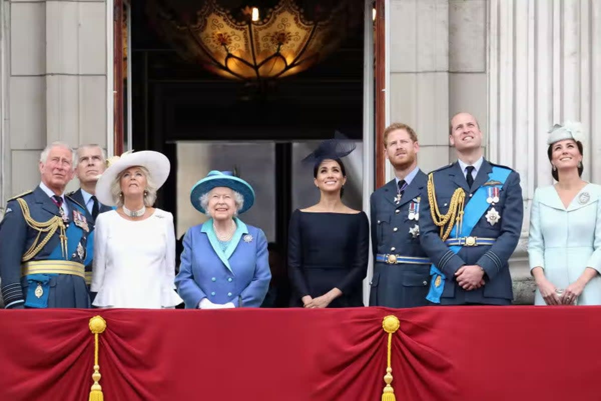 The Royal Family watch the RAF flypast on the balcony of Buckingham Palace to mark the centenary of the RAF on July 10, 2018 (Getty Images)