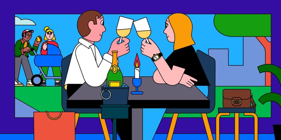 An illustration of two people, without kids, drinking wine.