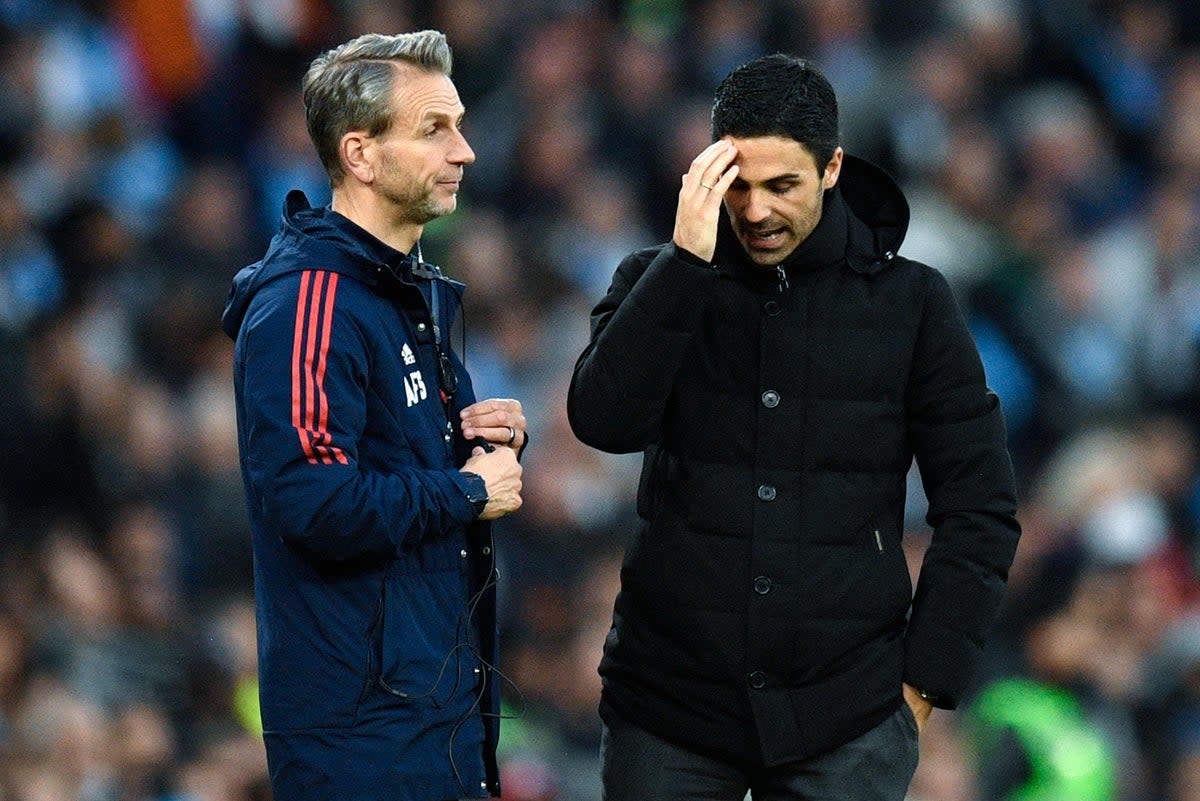 Mikel Arteta, right, looks anguished on the touchline (AFP via Getty Images)