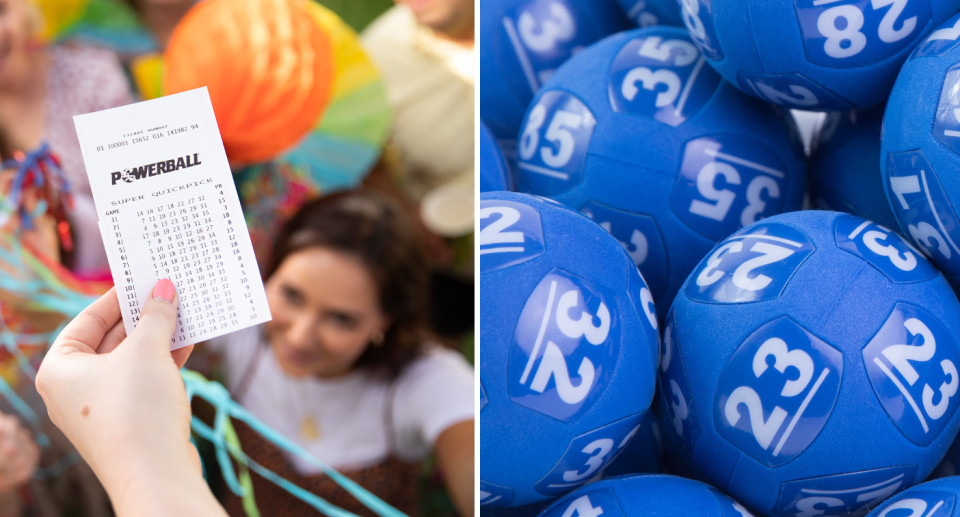 The Powerball entry held up in front of a group of people celebrating (left). The blue Powerball numbers (right). 