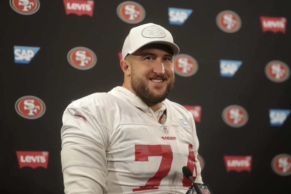 San Francisco 49ers offensive tackle Joe Staley speaks during a news conference at the team's NFL football training facility in Santa Clara, Calif., Thursday, Jan. 23, 2020. The 49ers will face the Kansas City Chiefs in Super Bowl 54. (AP Photo/Jeff Chiu)