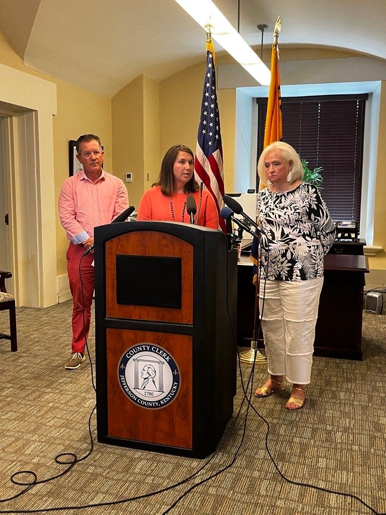 Jeff Hancock, Franklin County Clerk, joins Bobbie Holsclaw, Jefferson County Clerk and Tabatha Clemons, Grant County Clerk and president of the Kentucky County Clerks Association, at a press conference regarding Monday's ransomware attack.