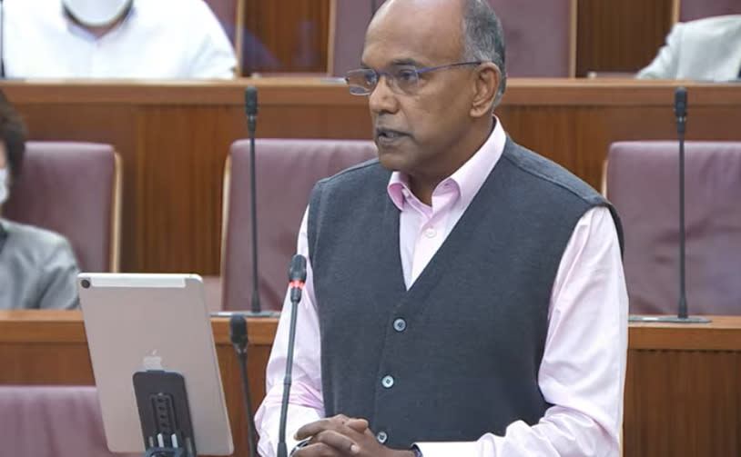 Law and Home Affairs Minister K Shanmugam speaking in Parliament on 4 October 2021. 