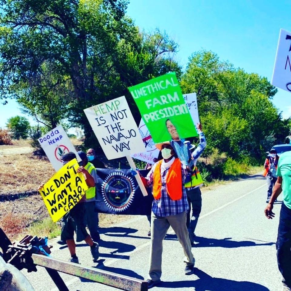 Protesters march in the summer of 2020 calling for an end to marijuana farms and to address the issue of outside workers.